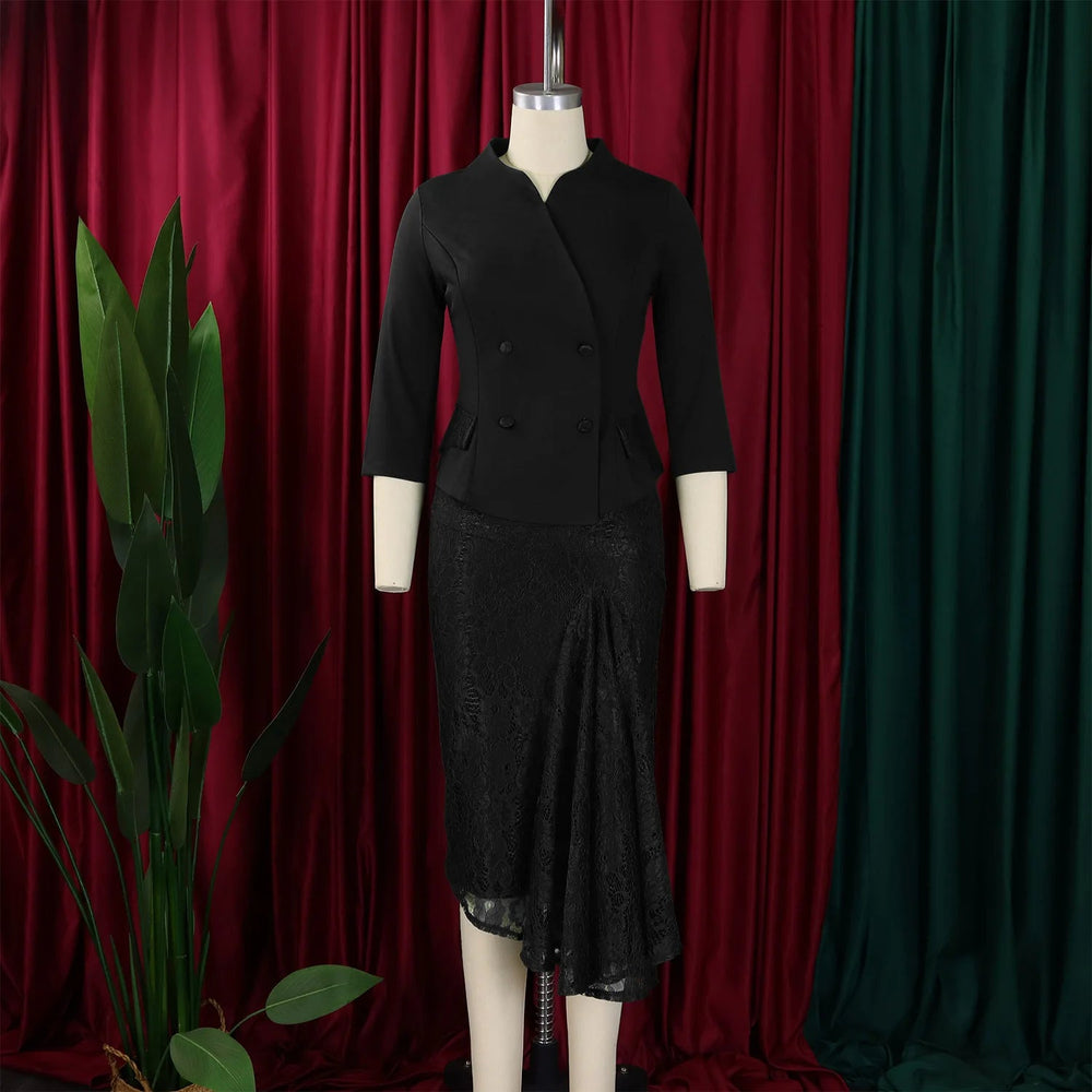 D559 Trendy Spring Dresses Women Casual Elegant Lace Patchwork Three Quarter Sleeve O-Neck Office Lady Dress African Dress Good Vibrations