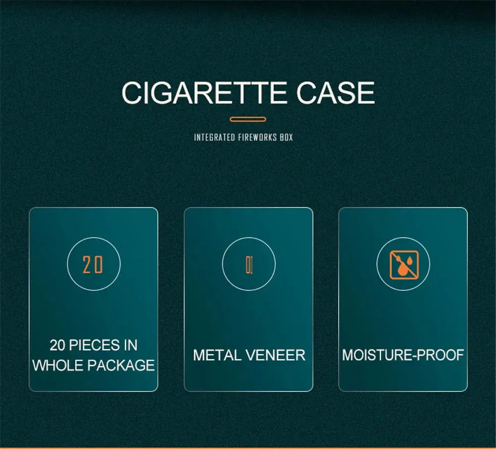 Portable cigarette case with 20-piece capacity, metal veneer, and moisture-proof design.