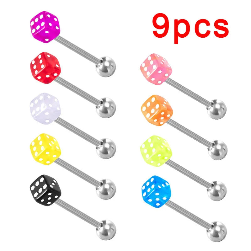 2pcs Good Luck Dice Tongue Ring Surgical Steel Tongue Piercing Barbell Colorful Labret Stud Bar for Women Men Body Jewelry 14G Good Vibrations