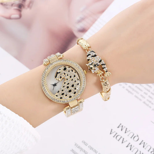 Popular Leopard Ladies Wristwatch 4PCS/SET Present Set Female's Necklace Bracelets Earring Women's Watch Gift Set Good Vibrations