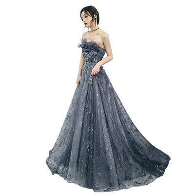 S7908F     New High -quality Hot -selling Blue Tube Top Starry Sky Plus Size Evening Dresses Women Lady Elegant Ball Gown