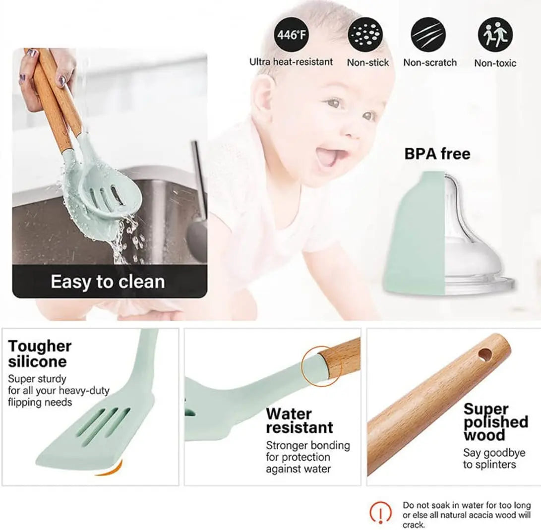 2022 Christmas Gift Food Grade Silicone Cutlery Set Wooden Handle Kitchen Gadgets Kid With Spatula Spoon Spaghetti Server Laddle Good Vibrations
