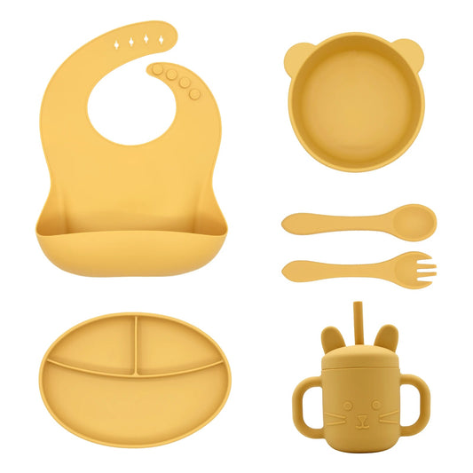 Food Grade Bpa Free Silicone Tableware Set Kids Dinnerware Set Durable Easy Clean Baby Bib Plate Bowl Spoon Fork Set Good Vibrations