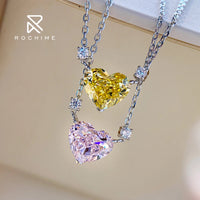 Rochime Heart Cut pink Yellow Gemstone Pendant Necklace 925 Sterling Silver Gold Plated 5a Zircon Jewelry for Women Good Vibrations