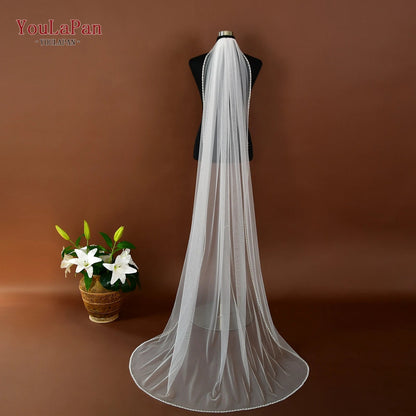 YouLaPan V175 R Fashion Bridal Beaded Veil Fingertips Long Crystal Pearl Trim Short Single Layer Veil Ivory Church Wedding Veil Good Vibrations