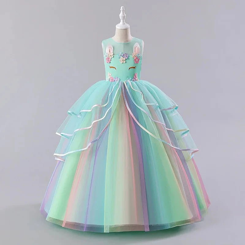 Kids Unicorn Girl Dresses Flower Appliques Princess Dresses Children Wedding Birthday Party Costume Evening Formal Gown Good Vibrations