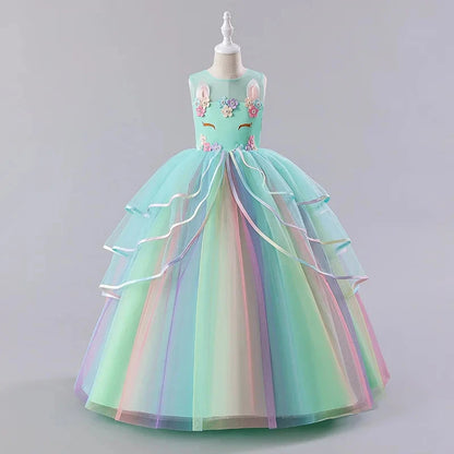 Kids Unicorn Girl Dresses Flower Appliques Princess Dresses Children Wedding Birthday Party Costume Evening Formal Gown Good Vibrations