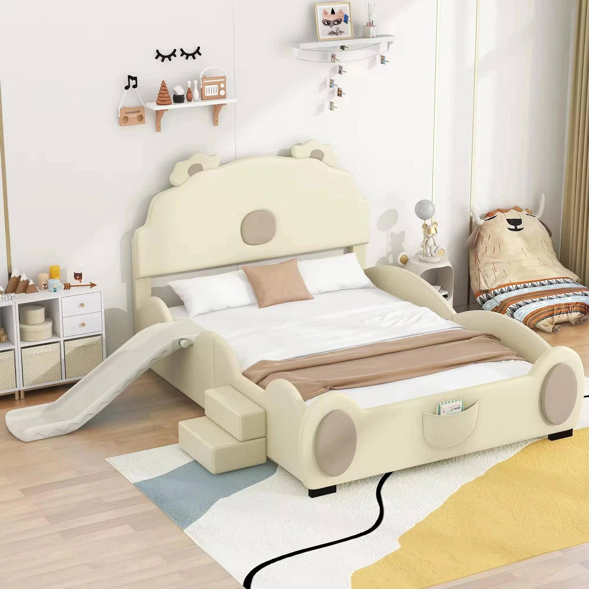 Modern Full-Size Upholstered Platform Bed Set with Piglet Shape Headboard and Bunk Bed Slide Beige for Children's Bedroom Good Vibrations