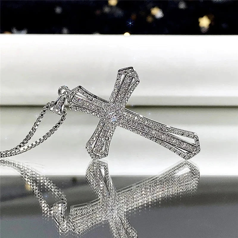 Huitan Hip Hop Cross Necklace for Women with Dazzling CZ Stone Luxury Silver Color Cool Neck Accessories Party Trendy Jewelry Good Vibrations