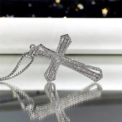 Huitan Hip Hop Cross Necklace for Women with Dazzling CZ Stone Luxury Silver Color Cool Neck Accessories Party Trendy Jewelry Good Vibrations