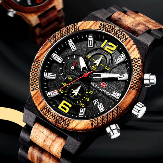 Men's Wood Watches Luxury Luminous Multi-function Wooden Watch Men's Quartz Retro Watch Men Fashion Sport Timepieces Relogio Good Vibrations