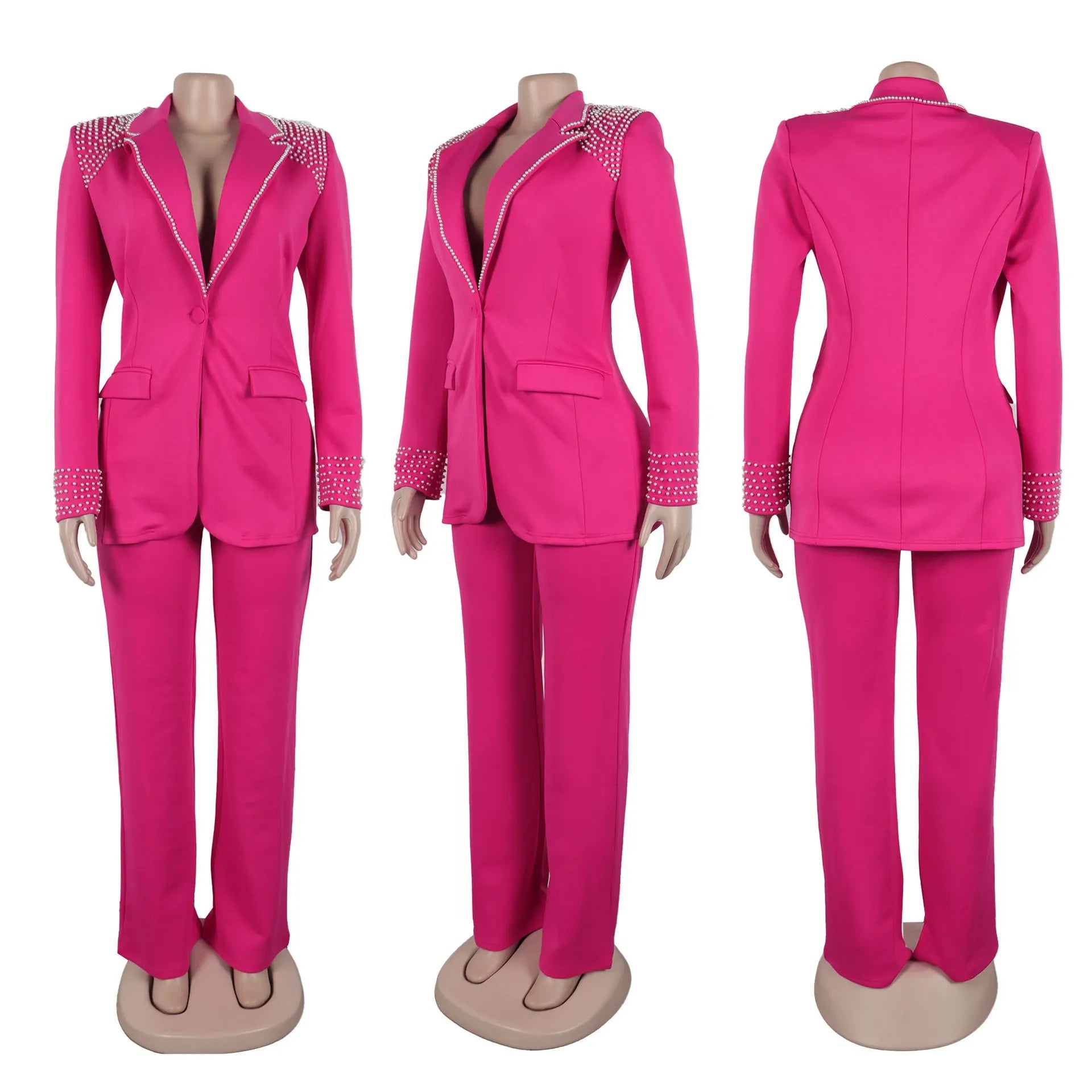 K3332 High Quality Ladies Suits Office Wear Beaded Long Sleeve Slim Elastic Suit and Pants Two Piece Blazer Set Business Suits Good Vibrations
