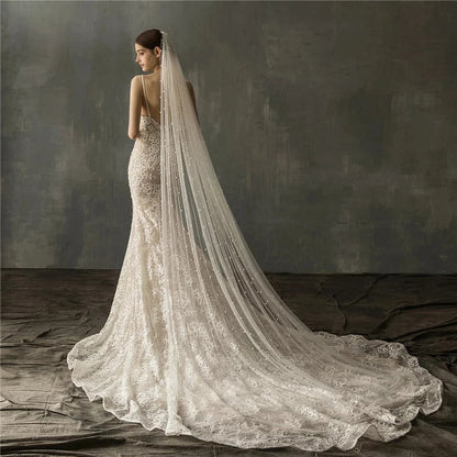 Pearls White Ivory Long Bridal Veil With Comb One Layer Cathedral Wedding Veil With Pearls Velos De Noiva Crystal Beads 75-300cm Good Vibrations