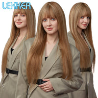 Lekker Highlight Brown Blonde 613 Straight Human Hair Wig With Air Bangs For Women Brazilian Remy Hair Colored Glueless Wigs Good Vibrations