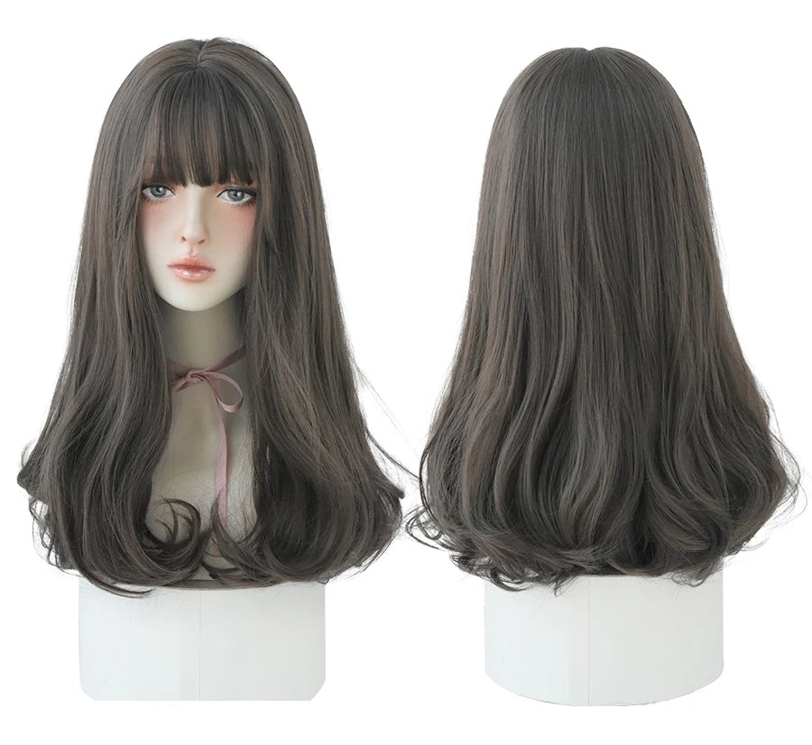 7JHHWIGS Long Wavy Synthetic Black Wigs For Women With Fringe Fashion Heat Resistant Mid-Length Daily Straight Light Brown Hair Good Vibrations