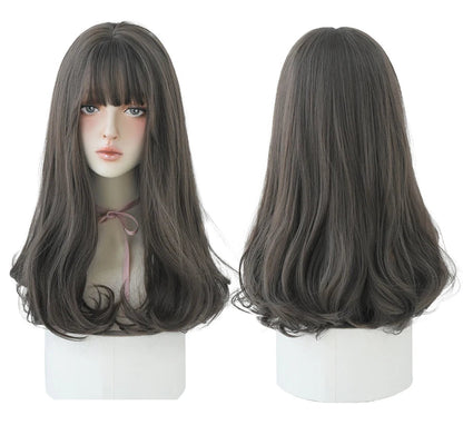 7JHHWIGS Long Wavy Synthetic Black Wigs For Women With Fringe Fashion Heat Resistant Mid-Length Daily Straight Light Brown Hair Good Vibrations