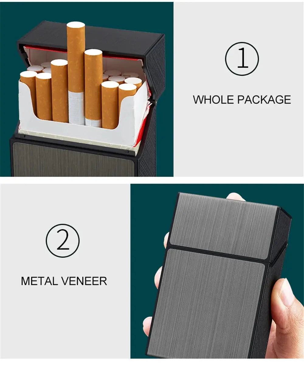 Portable metal cigarette case with 20pcs capacity, featuring a sleek design and durable veneer, perfect for tobacco storage and men's gadgets.