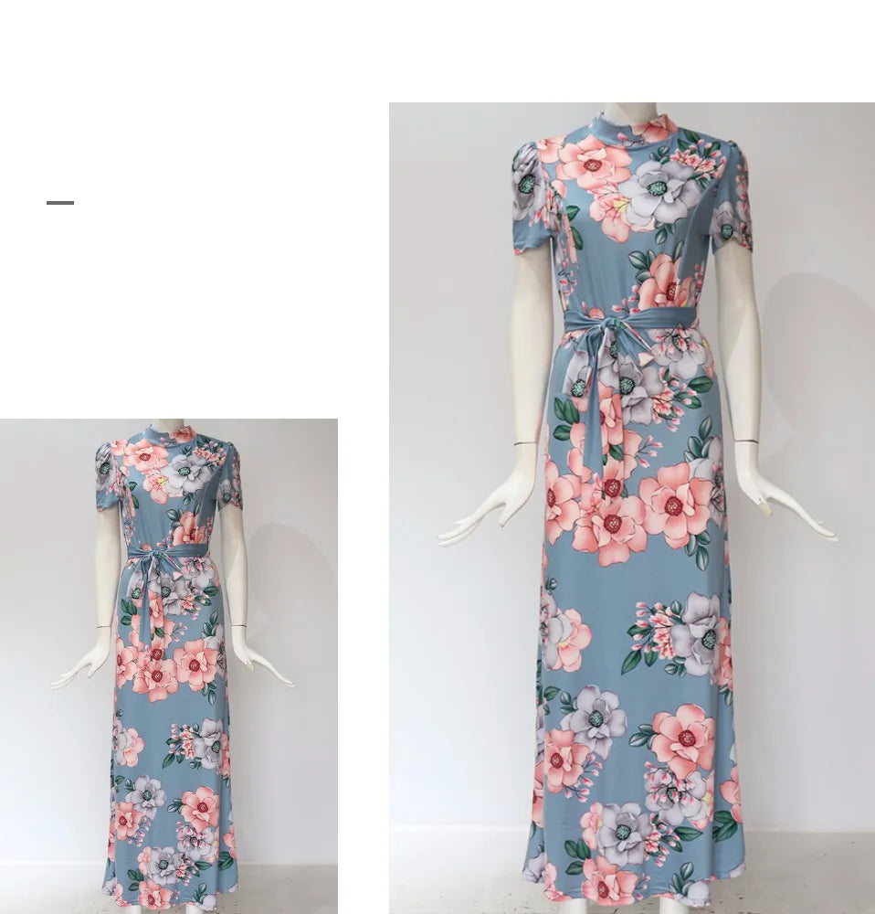 Women's Boho Floral Print Maxi Dress Elegant for Bandage Party Vestido with Long Sleeves for Summer Plain Dyed Casual Long Dress Good Vibrations