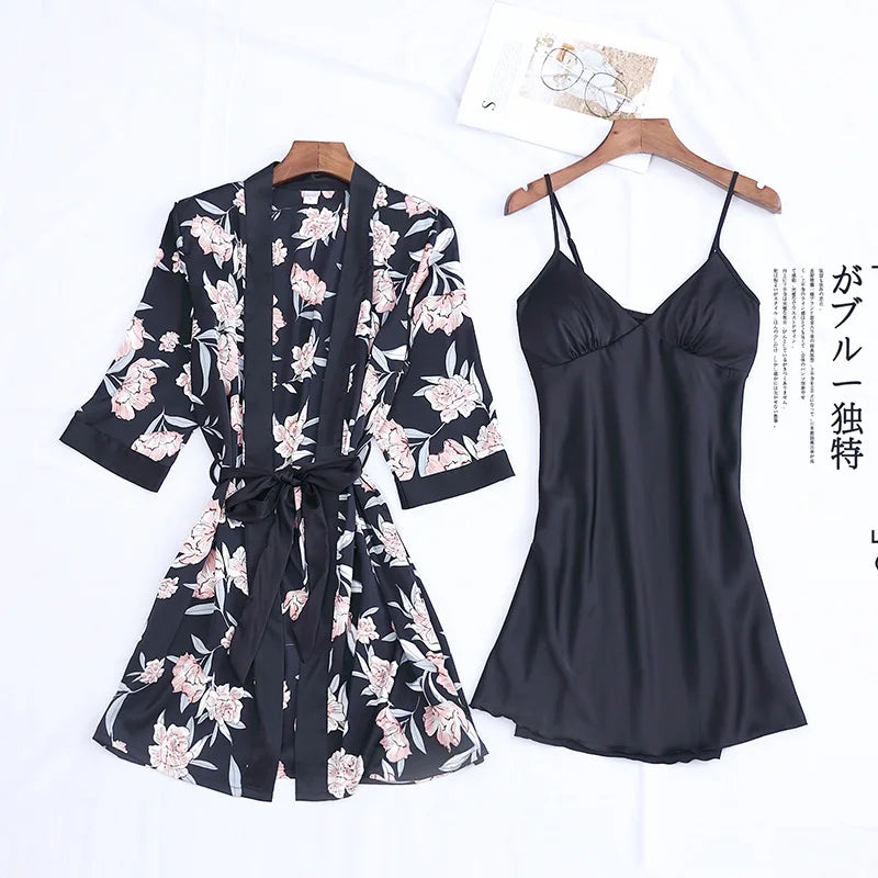 Women Satin Sexy Sets Ladies Nightgown Print Two-pieces Silk Sleepwear Robe+Nightdress Lounge Sets Pijama Good Vibrations
