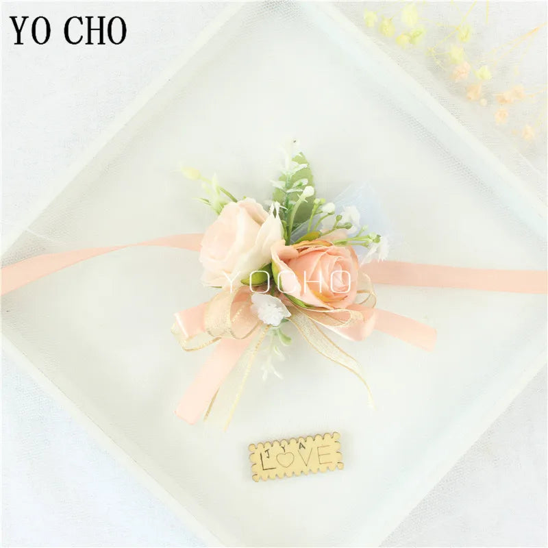 Wedding Groom Boutonniere Bride Bridesmaid Women Hand Wrist Flower Silk Rose Boutonniere Buttonhole for Marriage Party Flower Good Vibrations