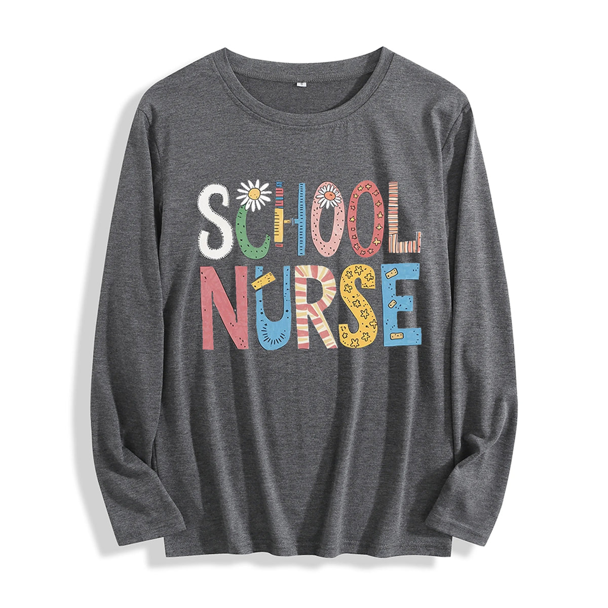 100% Cotton "School Nurse Colorful Patchwork Graphic" Long - Sleeve T - Shirt, Multi - Colors Good Vibrations