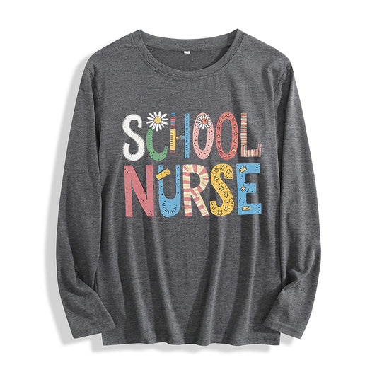 100% Cotton "School Nurse Colorful Patchwork Graphic" Long - Sleeve T - Shirt, Multi - Colors Good Vibrations