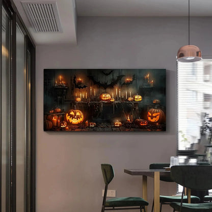 Spooky Halloween Scene Canvas Wall Art: Pumpkins, Bats & Candles Ideal Seasonal Spooky Decor Perfect for Halloween Home Decor Good Vibrations