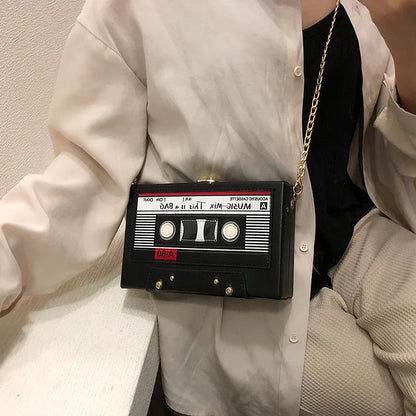 Women Shoulder Bag New Tape Recorder Women's Bags Cute Funny Cartoon PU Leather Chain Crossbody Bag Female Day Clutches Bag C172 Good Vibrations
