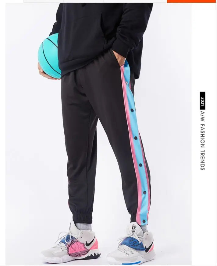 Harajuku Fashion Sports Men Pants Daily Outdoor Basketball Sweatpants Hollow Out Side Stripe Button Fly Design Creative Trousers Good Vibrations