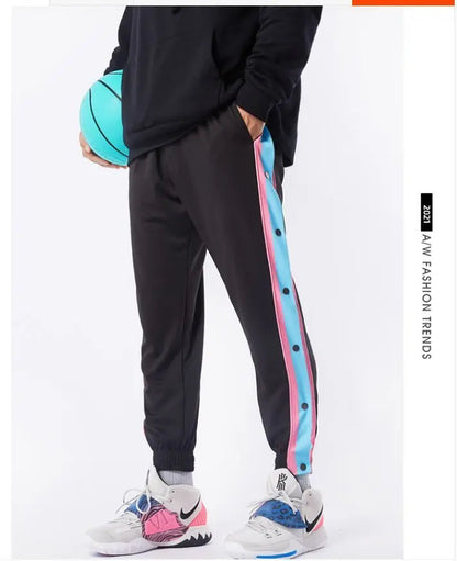 Harajuku Fashion Sports Men Pants Daily Outdoor Basketball Sweatpants Hollow Out Side Stripe Button Fly Design Creative Trousers Good Vibrations