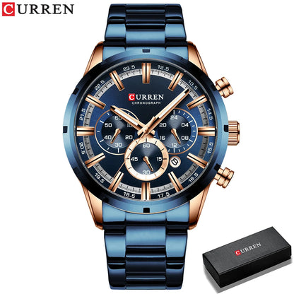Curren Men's Watch Blue Dial Stainless Steel Band Date Mens Business Male Watches Waterproof Luxuries Men Wrist Watches for Men Good Vibrations