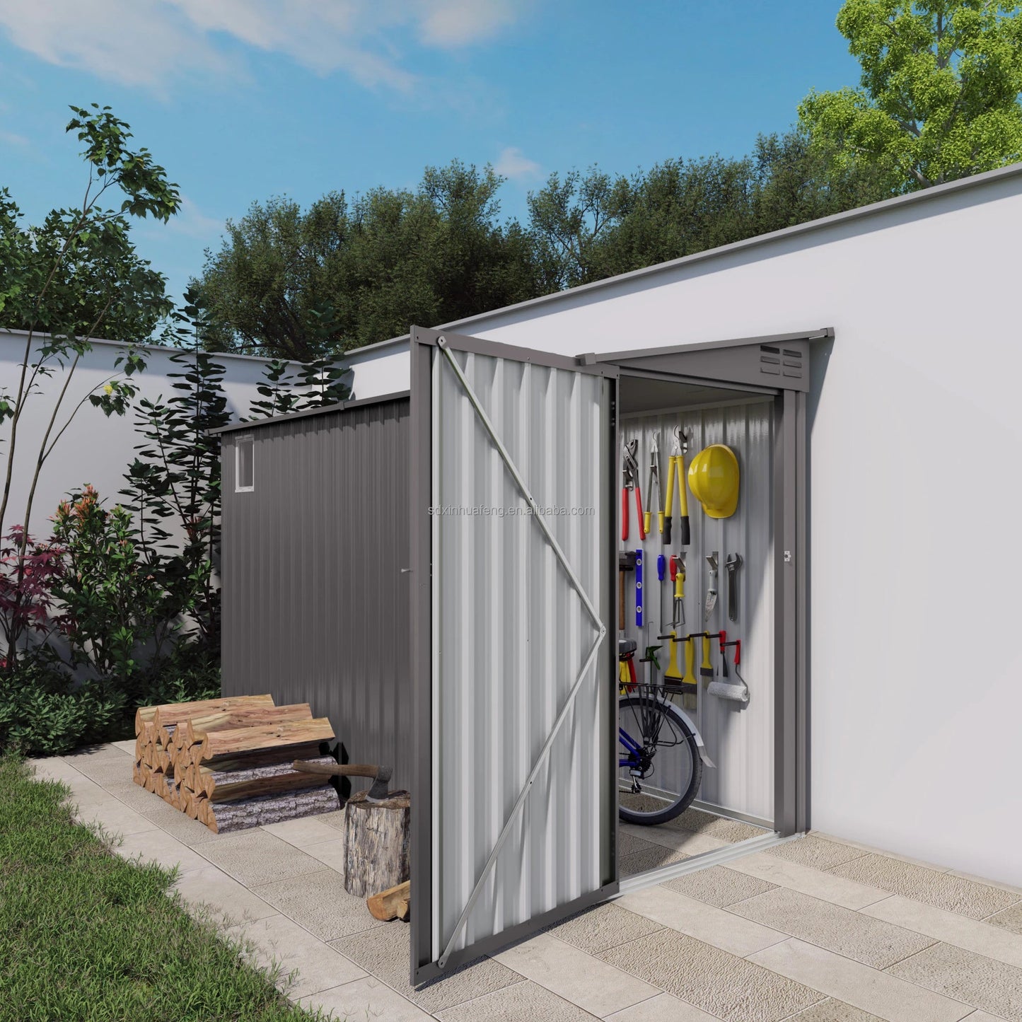 4*9ft Free Shipping in Stock Metal Outdoor Tool House Storage Shed Supplier in USA  Weather Resistant Tool House with Side Door Good Vibrations