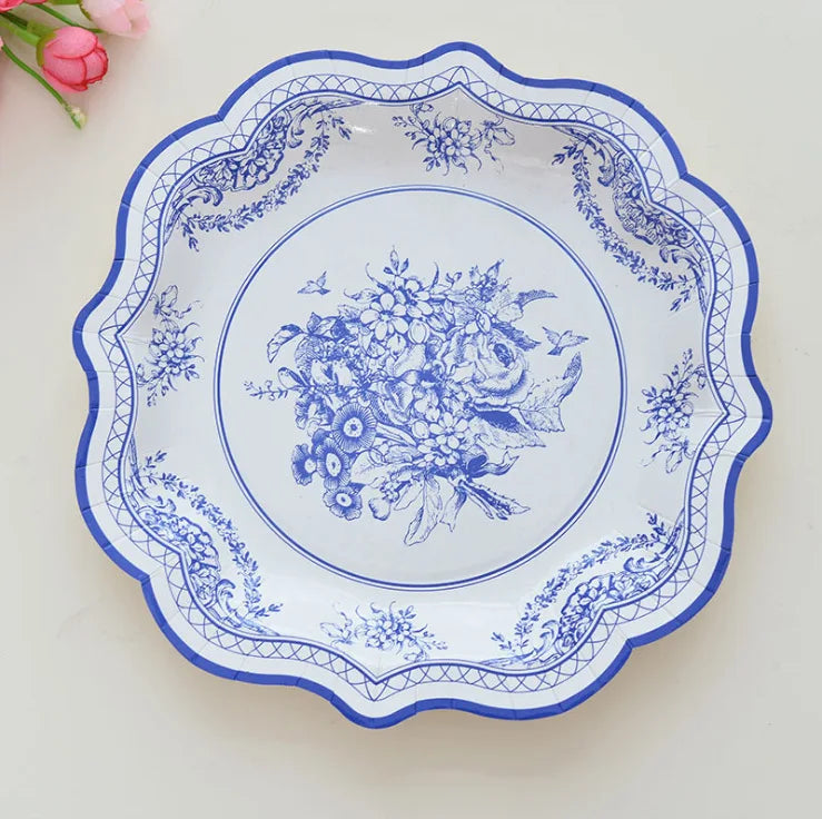 Retro Floral Chinese Style Blue and White Porcelain Paper Plate Party Plates Wedding Lace Dish Disposable Plate 1PC Tablecloth Good Vibrations