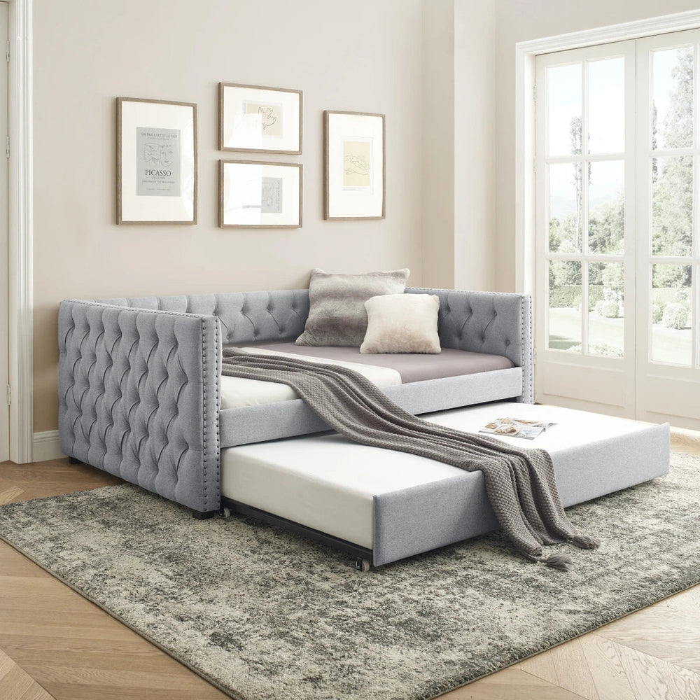Daybed with Trundle Upholstered Tufted Sofa Bed With Button and Copper Nail on Square Arms Full Daybed and Twin Trundle Good Vibrations