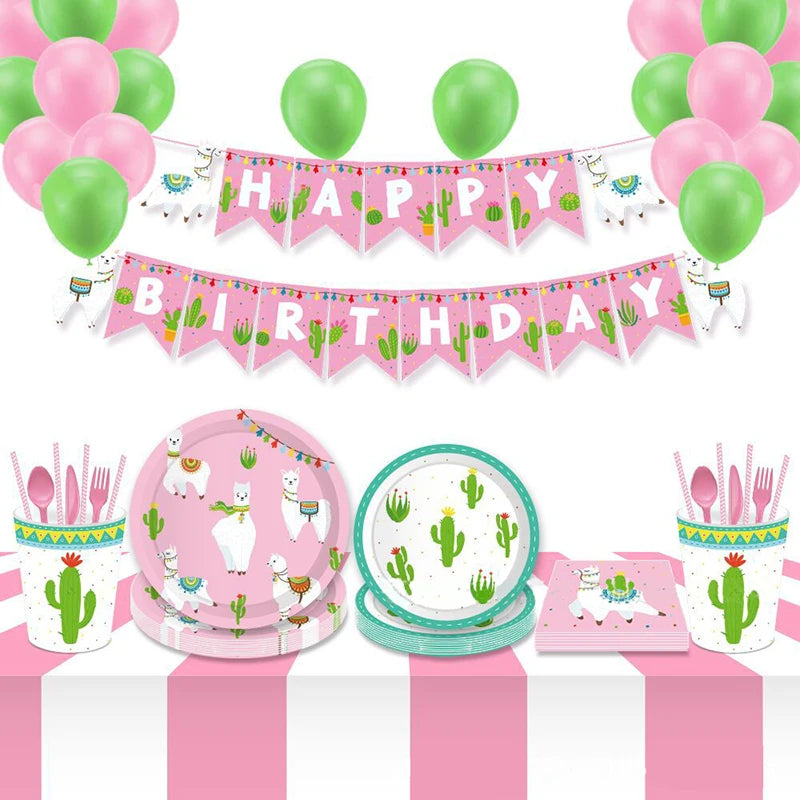 Llama Party Disposable Tableware Cartoon Cactus Alpaca Paper Plates Cups Kids Birthday Party Decoration Baby Shower Supplies Good Vibrations