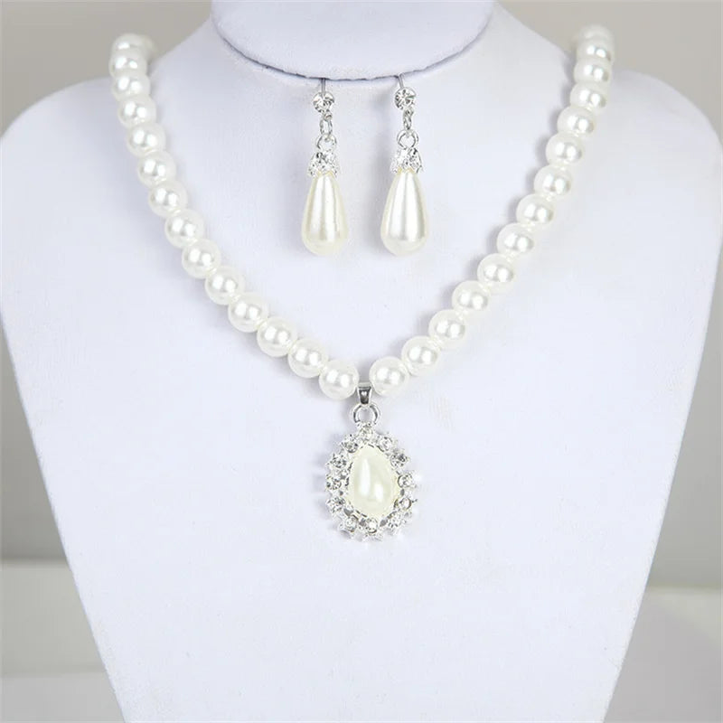 Pearl Jewelry Set for Women Water Drop Dangle Earrings Crystal Pendants Imitation Pearl Beads Necklaces femme brincos e colares Good Vibrations Adult Super Store
