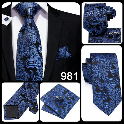 Hi-Tie Navy Blue Solid Paisley Silk Wedding Tie For Men Hanky Cufflink Mens Necktie Set Business Party New Design Dropshipping Good Vibrations