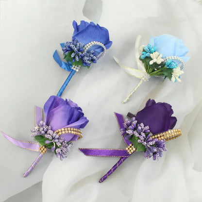 YO CHO Wedding Bouquet Artificial Rose Flowers Blue Brooch Corsages Glitter Rhinestone Ribbon Lace Classic Prom Boutonniere Pins Good Vibrations