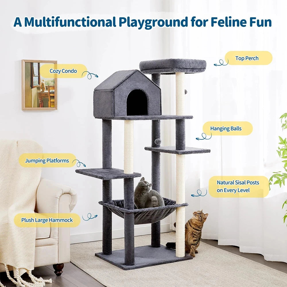 60-Inch Indoor Cat Tower with Cozy Plush Hammock 2 Hanging Balls Top Perch Sisal Scratching Posts Multi-Level Cat Tree Bed Good Vibrations