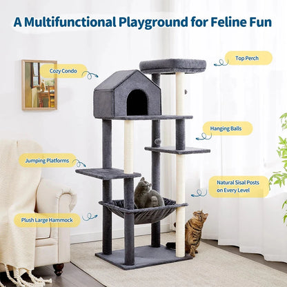 60-Inch Indoor Cat Tower with Cozy Plush Hammock 2 Hanging Balls Top Perch Sisal Scratching Posts Multi-Level Cat Tree Bed Good Vibrations