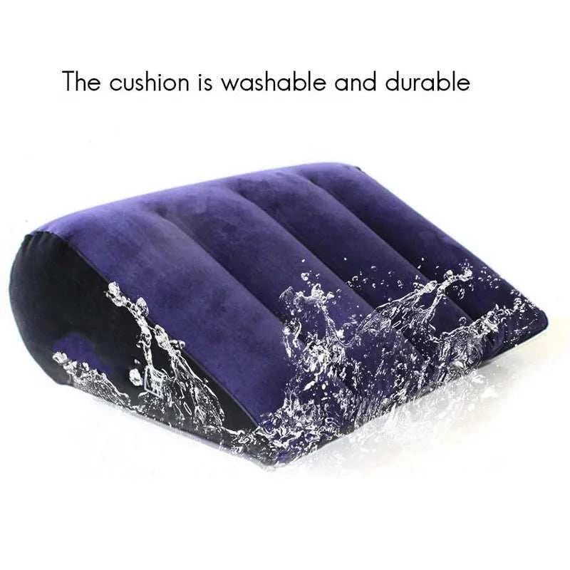 Inflatable erotic wedge cushion for adult fun and comfort.