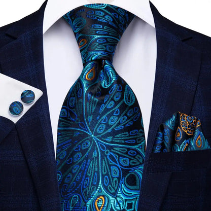 Jacquard Peacock Blue Novelty Design Wedding Tie For Men Hanky Cufflinks Gift Mens Necktie Set Business Party Dropshipping Good Vibrations