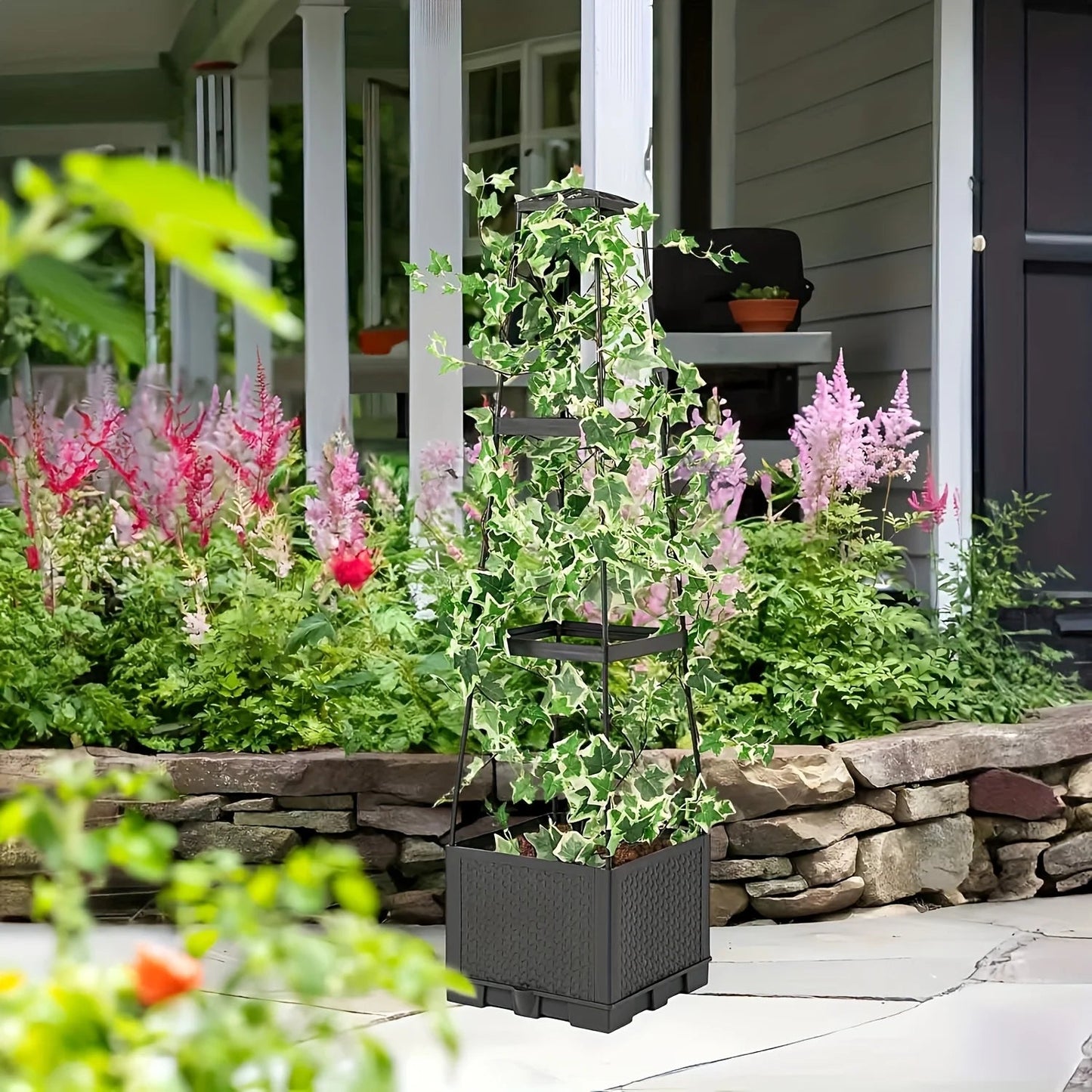 Raised Garden Bed Planter Box with Trellis, Tomato Planters for Climbing Plants Vegetable Vine Flowers Outdoor Patio Good Vibrations