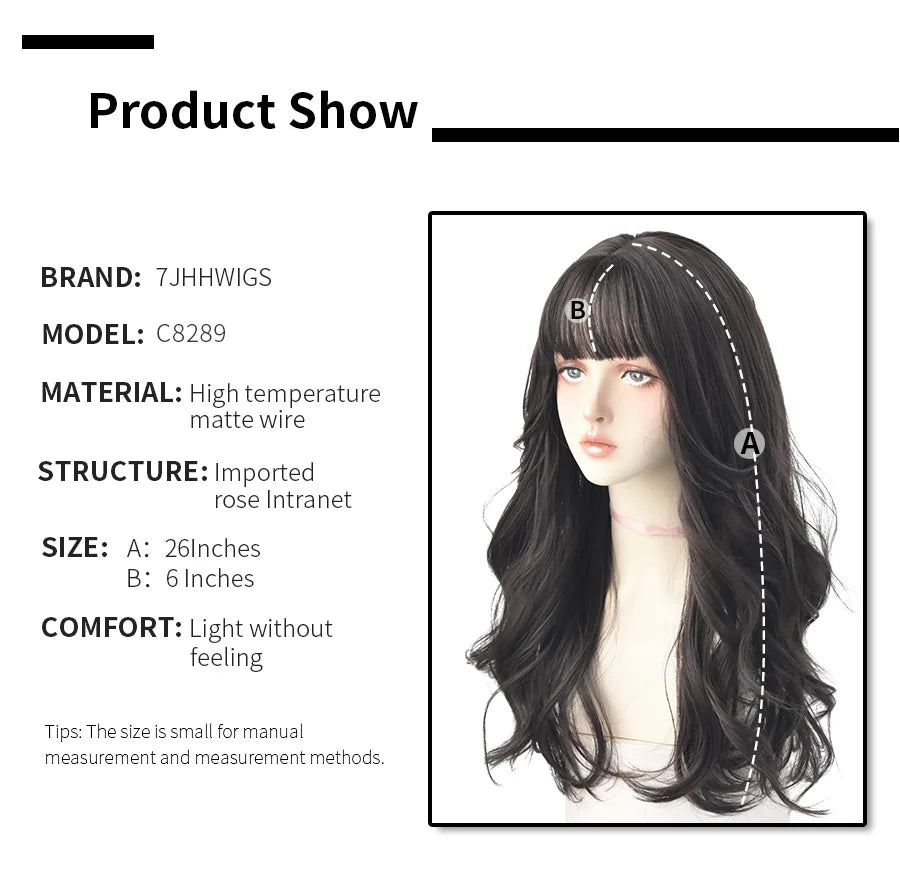 7JHHWIGS Long Wavy Synthetic Black Wigs For Women With Fringe Fashion Heat Resistant Mid-Length Daily Straight Light Brown Hair Good Vibrations