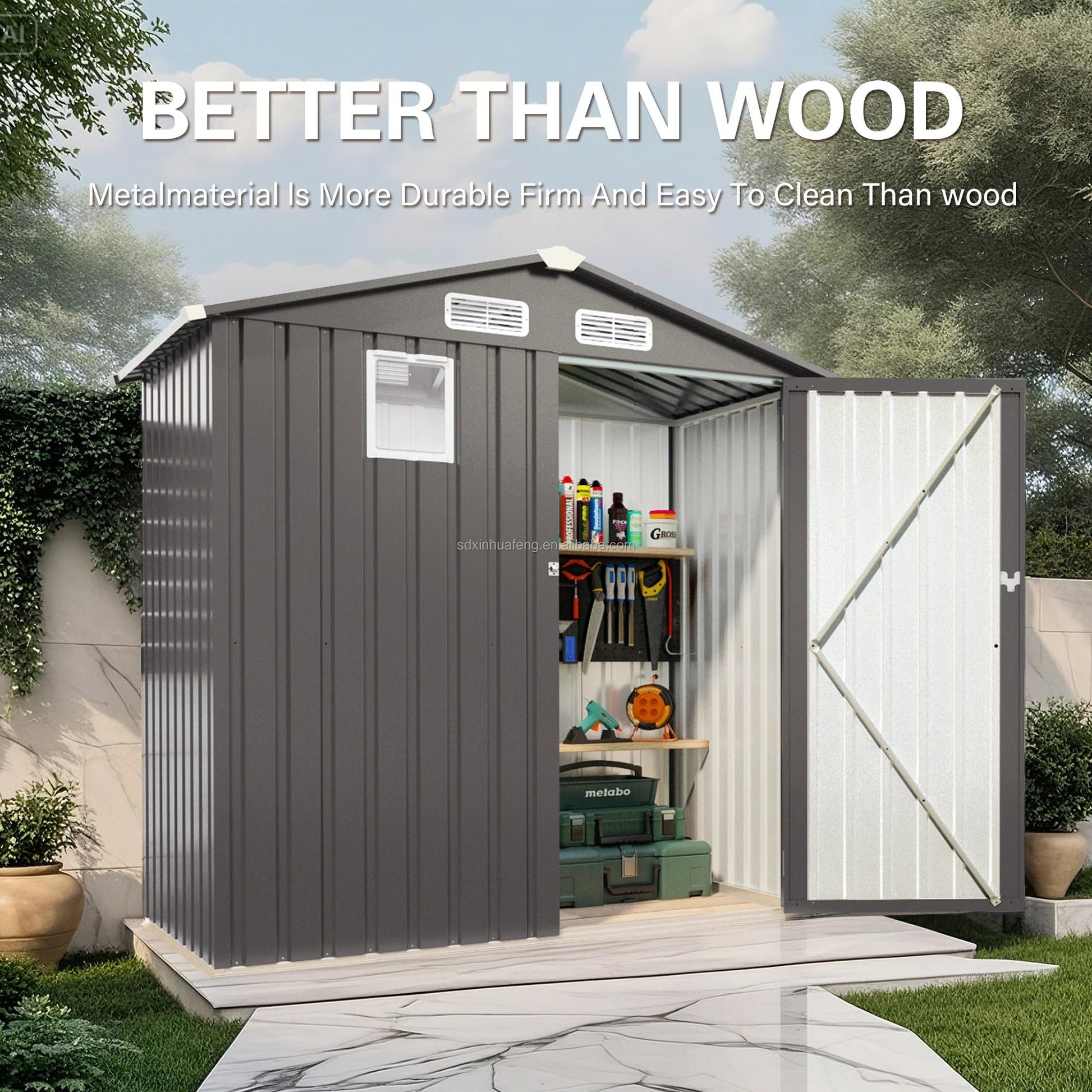 6*3.5FT Free Ship Instock  Warehouse Metal Outdoor Storage Shed with Pitched Roof Waterproof with Front  Window and Hinged  Door Good Vibrations