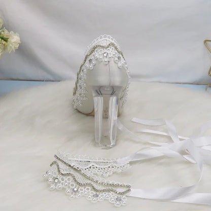 BaoYaFang New Arrival Thick Heel Pointed Toe Womens Wedding Shoes High Heels ladies fashion shoes woman White Lace ankle strap Good Vibrations