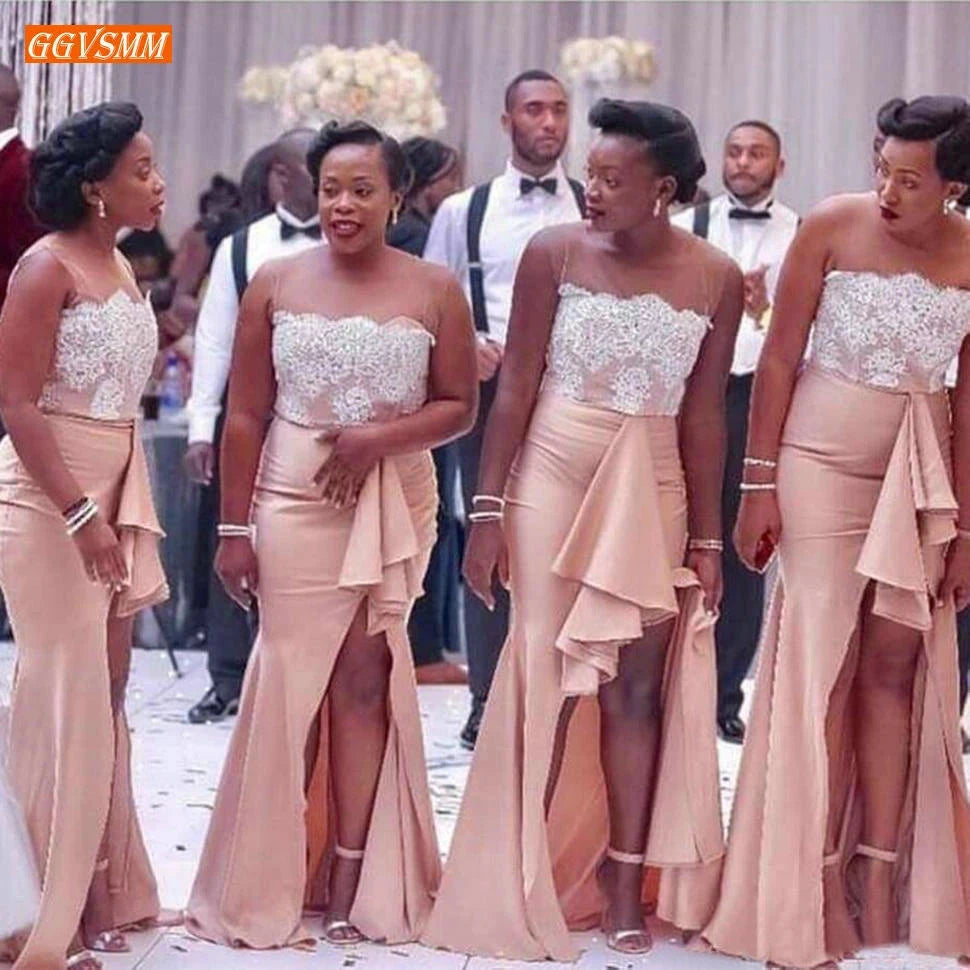 DB027 Fashion Mermaid Bridesmaid Dresses Ivory Lace Applique Elastic Satin Side Slit Maid of Honor Gowns Long Wedding Guest Good Vibrations