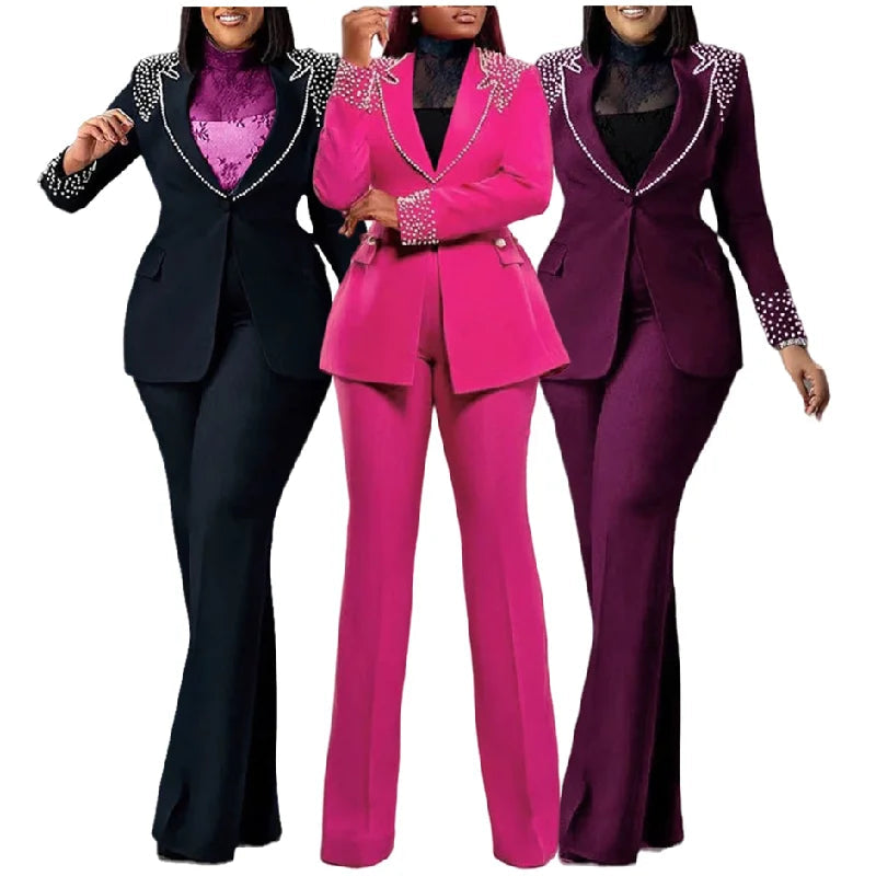 K3332 High Quality Ladies Suits Office Wear Beaded Long Sleeve Slim Elastic Suit and Pants Two Piece Blazer Set Business Suits Good Vibrations