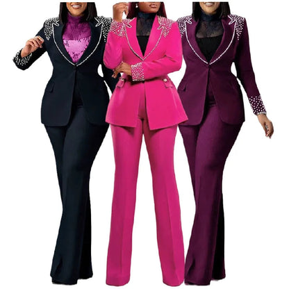 K3332 High Quality Ladies Suits Office Wear Beaded Long Sleeve Slim Elastic Suit and Pants Two Piece Blazer Set Business Suits Good Vibrations