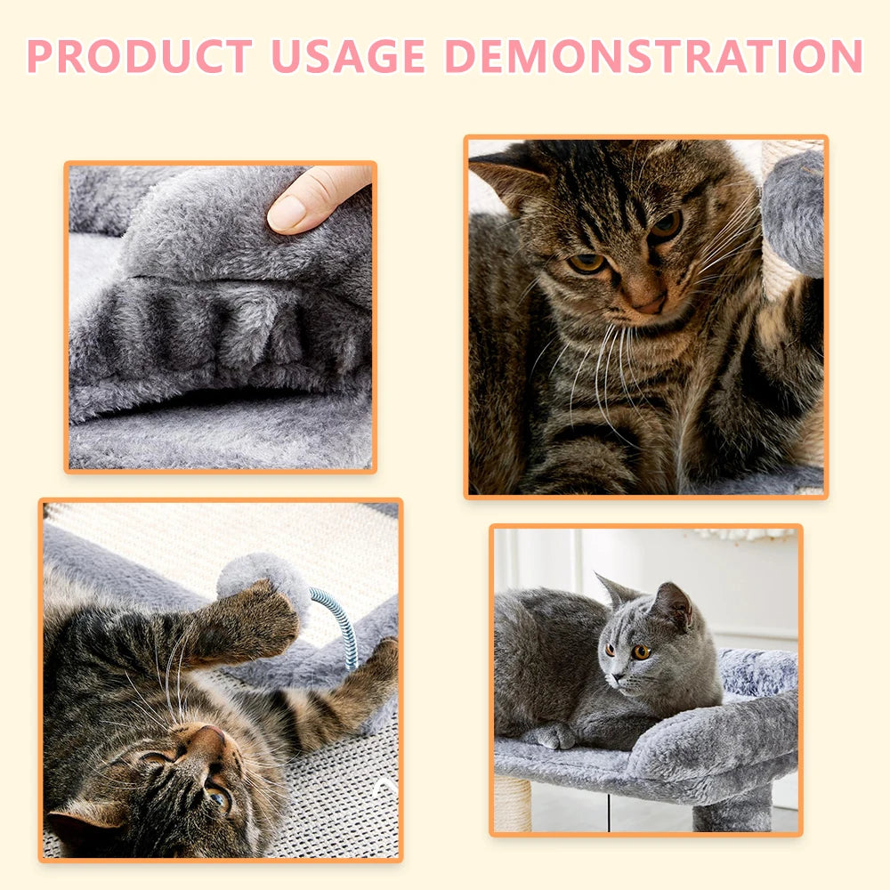 20" Tall Grey Cat Tower 4-in-1 Self Groomer Natural Sisal Plush Perch Bed Indoor Kittens Scratching Post Wood for Small Cats Good Vibrations